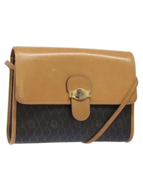 Authentic Christian Dior Honeycomb Canvas Shoulder Bag PVC Black Gold - Picture 1 of 16